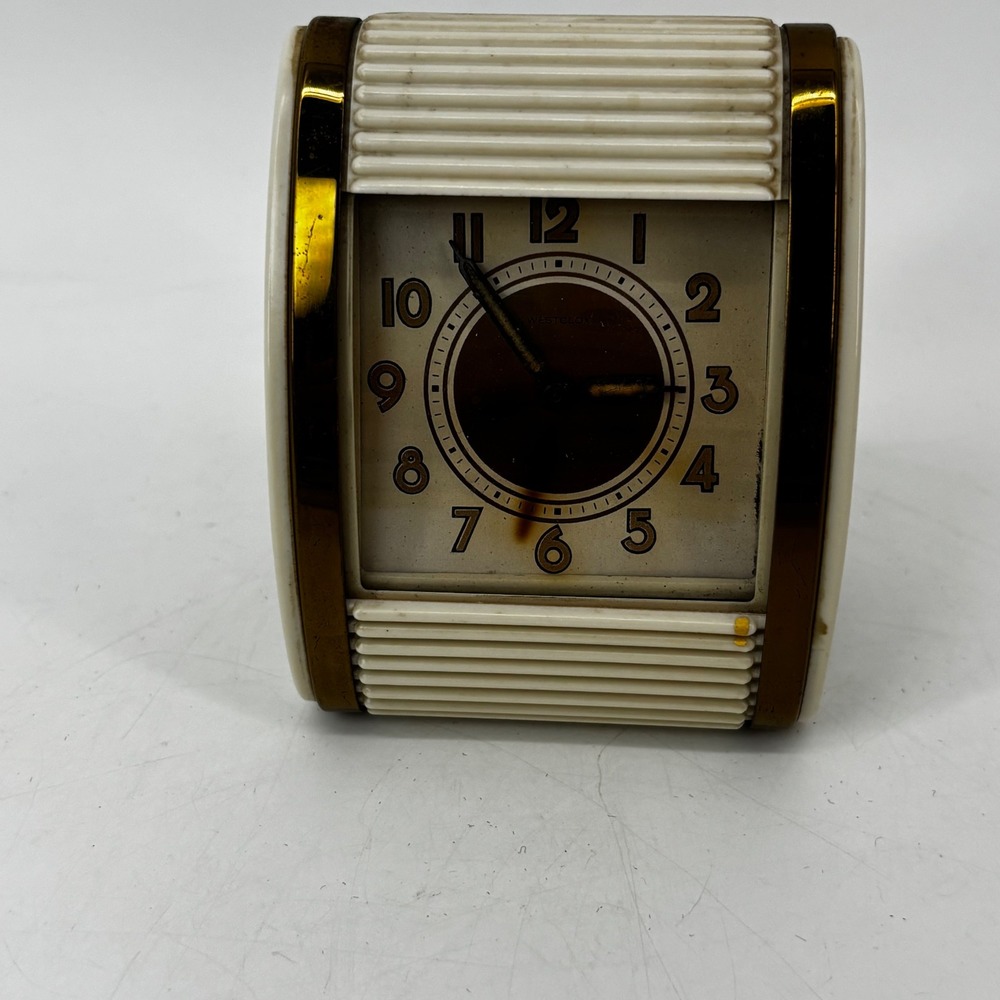 Vintage Westclox Travalarm Folding Travel Alarm Clock Cream Gold Art Deco Style
